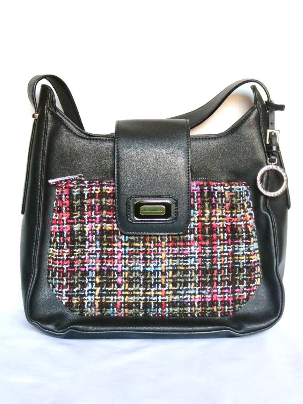CATHERINE MALANDRINO Black Shoulder Bag Purse Multi Color Tweed Faux Leather